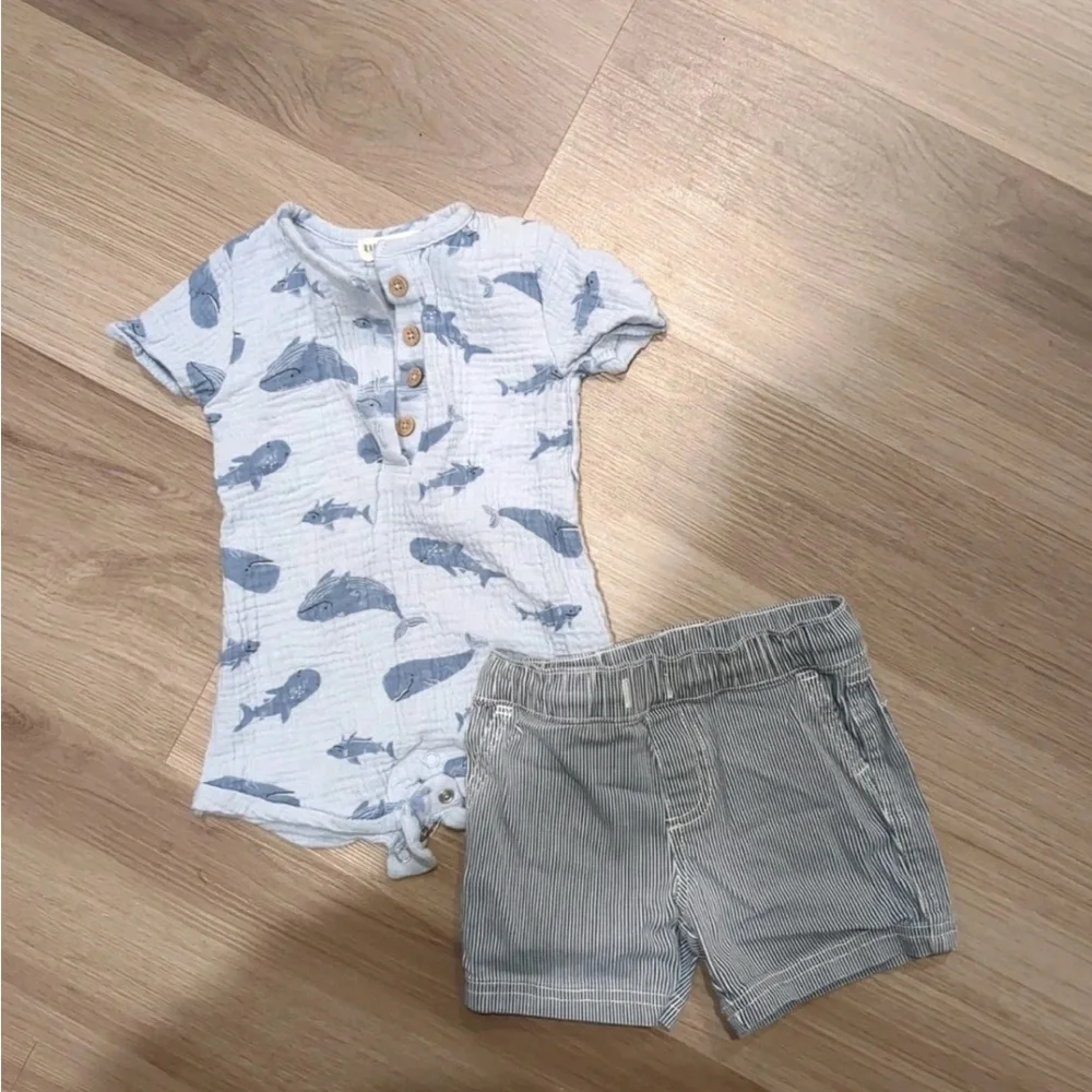 set little boy's rabbit and bear organic button romper and okie dokie shorts